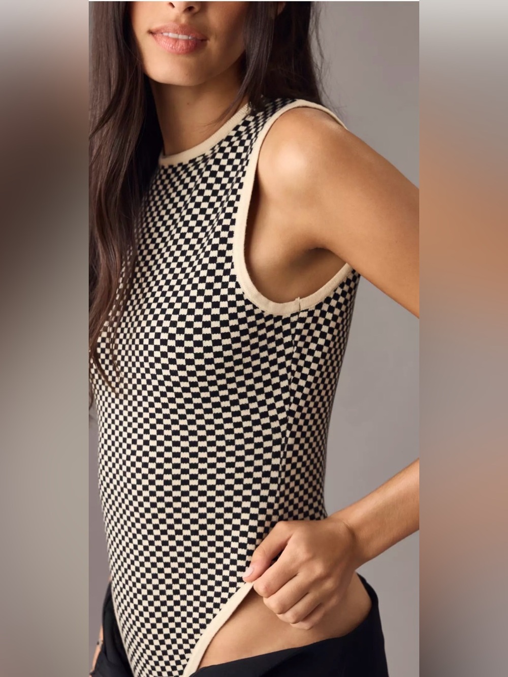 Checkerboard Sleeveless Knit Bodysuit in Black and Cream